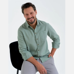 Męska KOSZULA LNIANA, regulowany RĘKAW, KOŁNIERZ zielona MORAJ